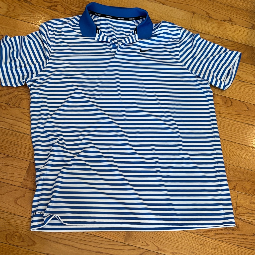 Nike White And Blue Striped Drifit Golf Polo Shirt Xl